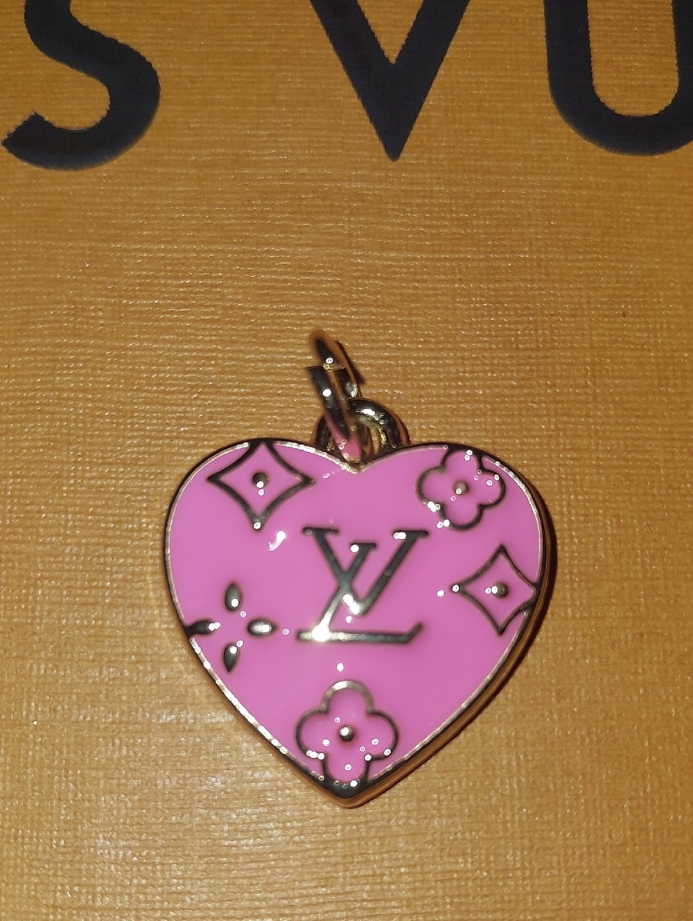 LV Pink Enamel Heart Charm Pendant with Gold Accents